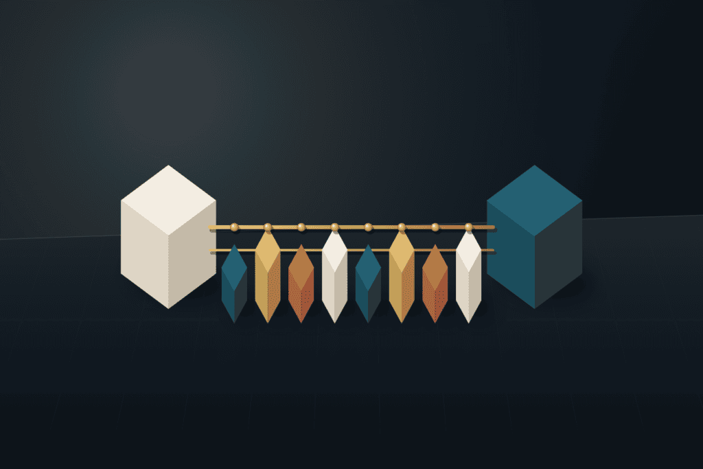 Eight modular blocks sorted between ivory and deep teal bridge towers with brushed brass rods