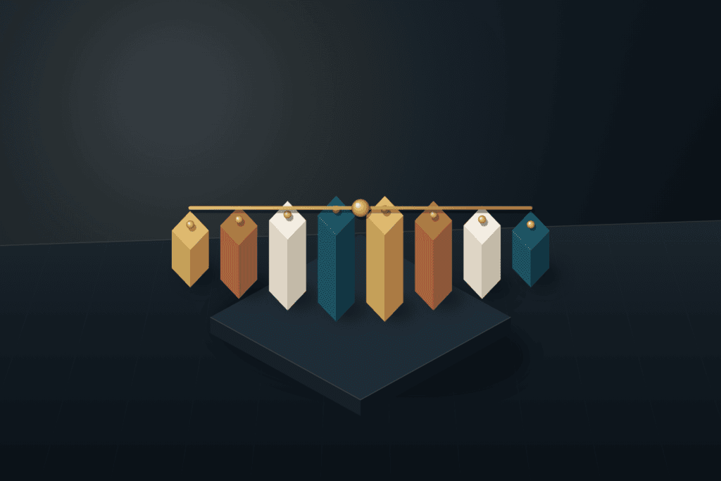 Eight precision architectural pillars aligned across a dark slate studio base beneath a brushed brass rod
