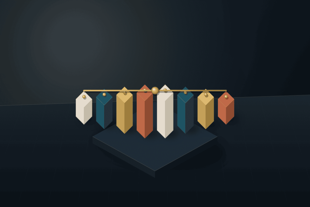 Symmetrical colonnade of eight architectural sorting pillars in warm ivory, deep teal, brushed brass, and terracotta beneath a brass balance bar
