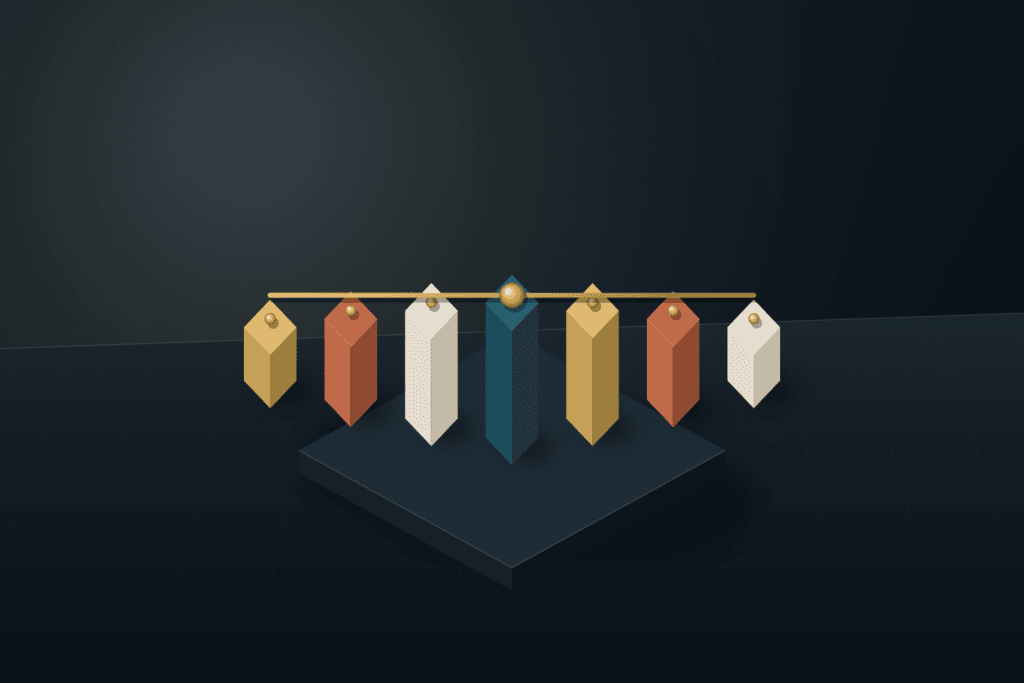 Seven precision architectural blocks balanced around a central brushed brass core on a dark slate studio base