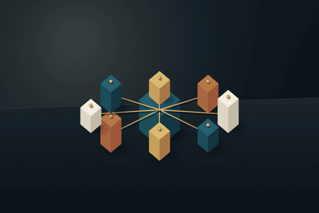Central deep teal architectural hub connected by brass bridges to eight surrounding warm ivory, terracotta, and brass folio blocks