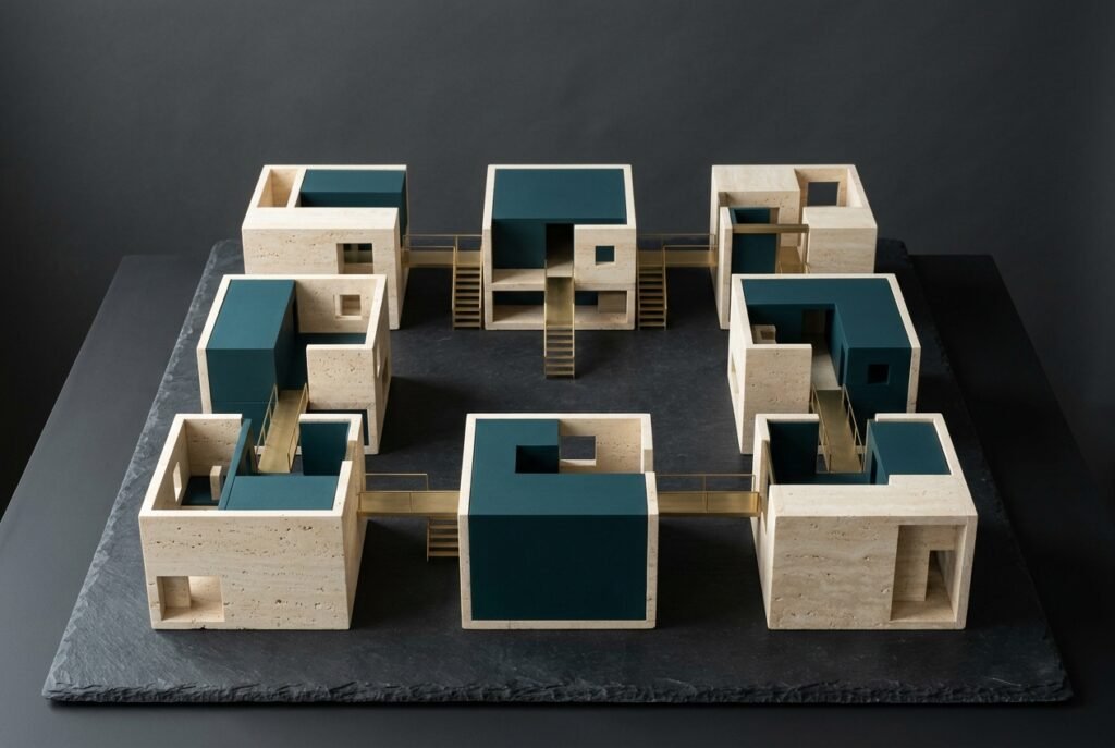 Eight interconnected architectural room models in warm ivory stone and deep teal arranged in a logical walkthrough sequence on a dark slate table with brass walkways