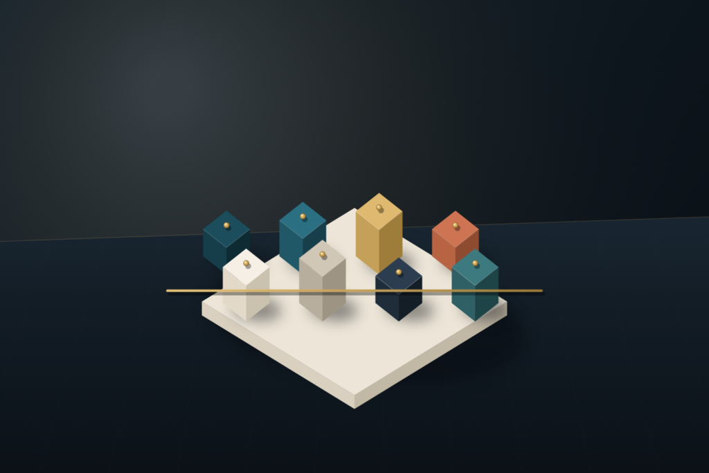 Isometric design system presentation tray in warm ivory holding eight colour and material swatch blocks in deep teal, brass, terracotta, and slate