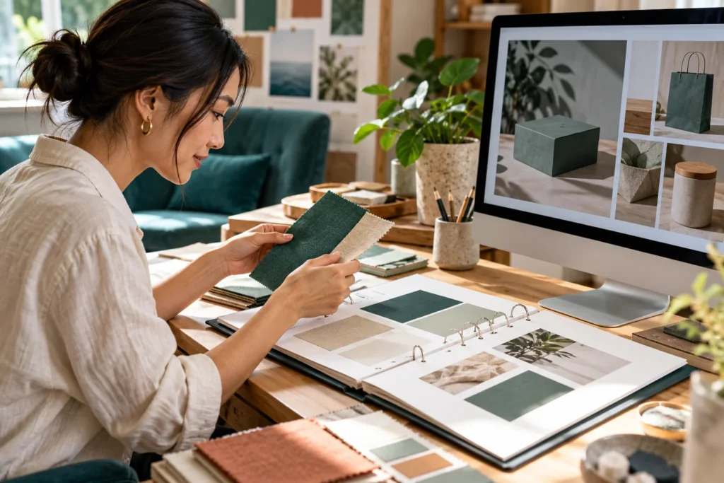 Designer reviewing material samples and brand guidelines