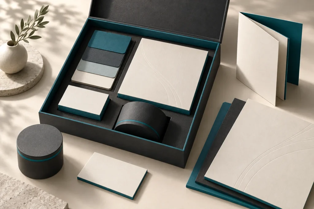 Coordinated blank stationery, colour swatches and packaging in a presentation box