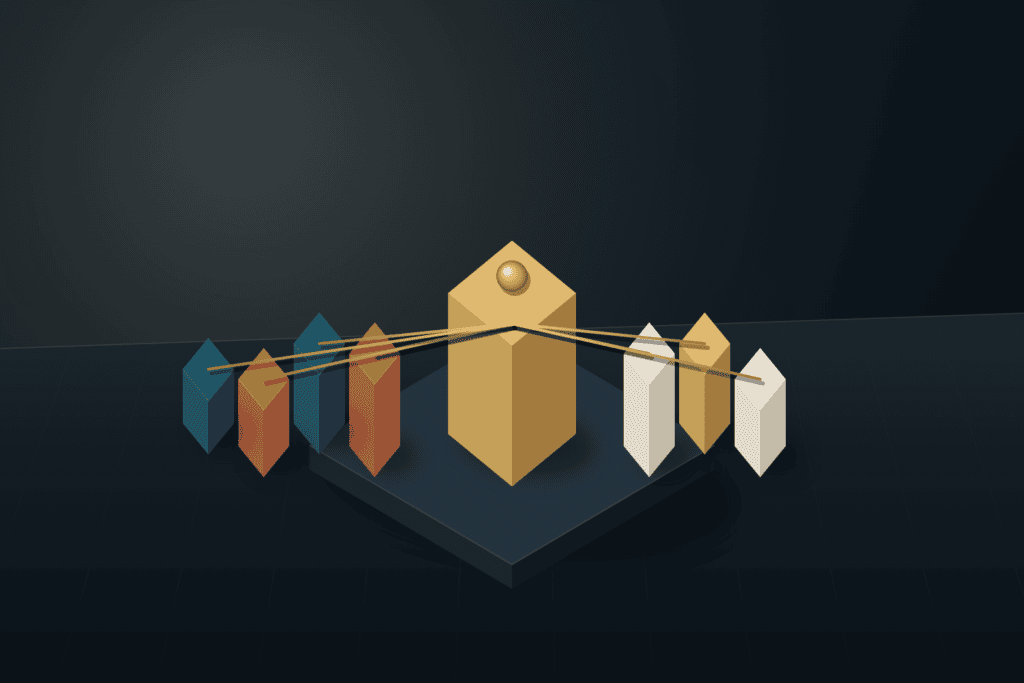 Seven precision architectural blocks balanced around a central brushed brass monument on a dark slate studio base