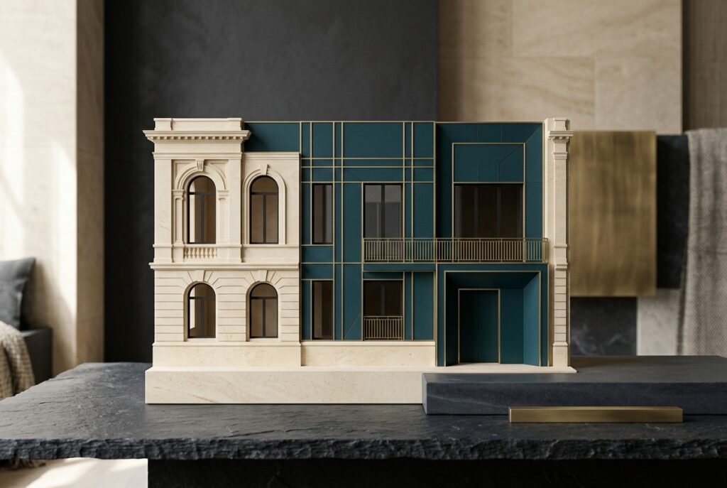 Architectural facade model showing a classic warm ivory stone structure upgraded on one side with modern deep teal panels and brass framing