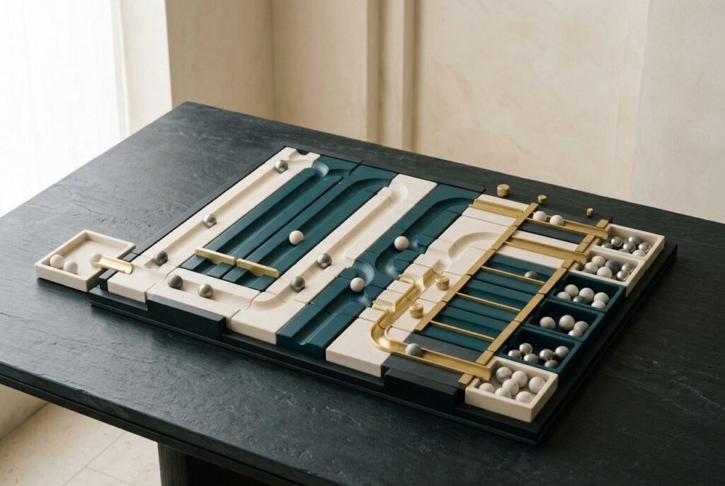 Modular routing board in dark slate, warm ivory and deep teal with brass switching gates guiding spheres into ordered compartments