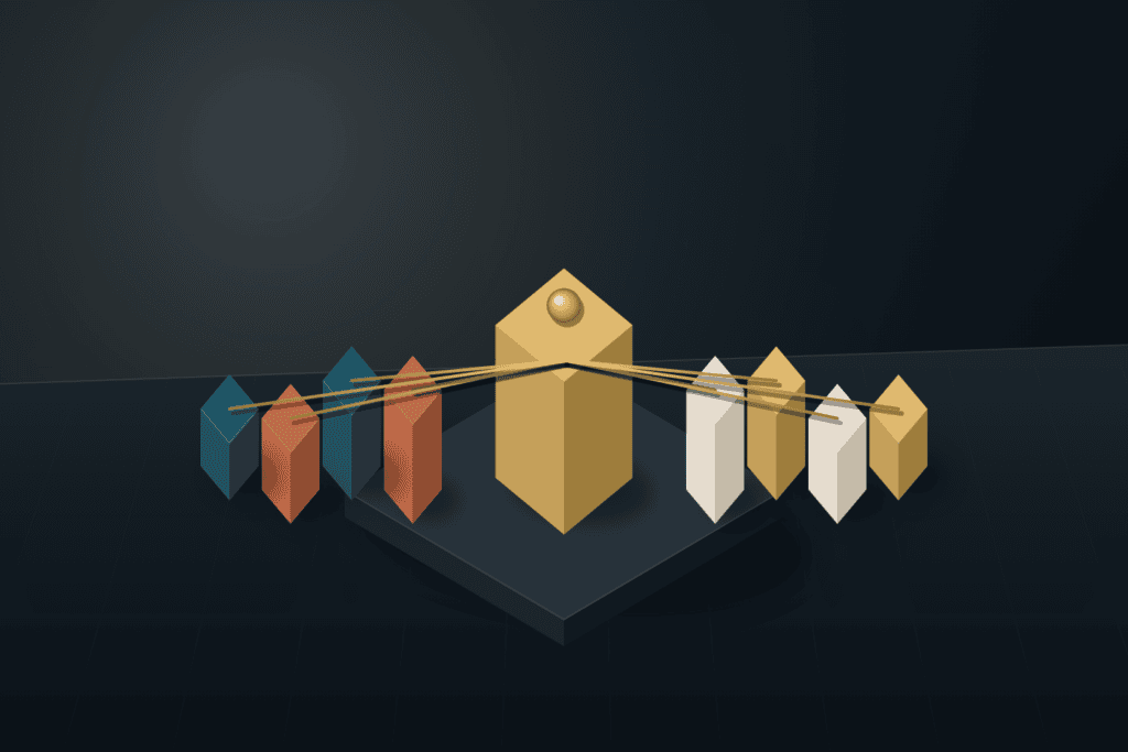 Eight modular architectural blocks in warm ivory, deep teal, brushed brass, and terracotta linked between two structural piers