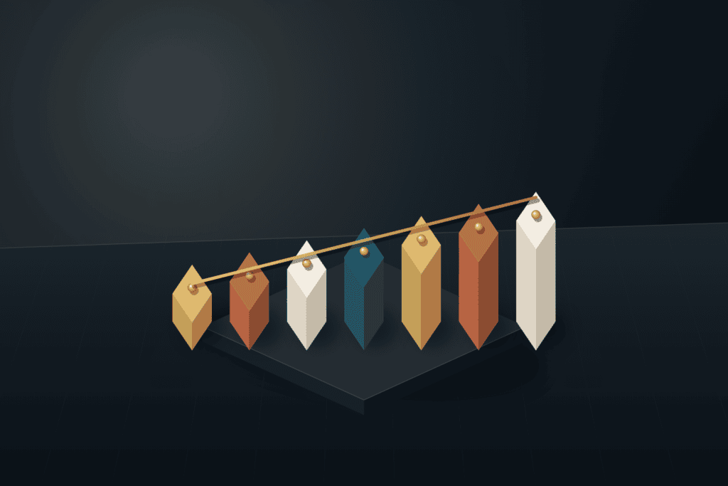 Eight ascending architectural blocks in warm ivory, deep teal, brushed brass, and terracotta on a dark slate base with a diagonal brass rod