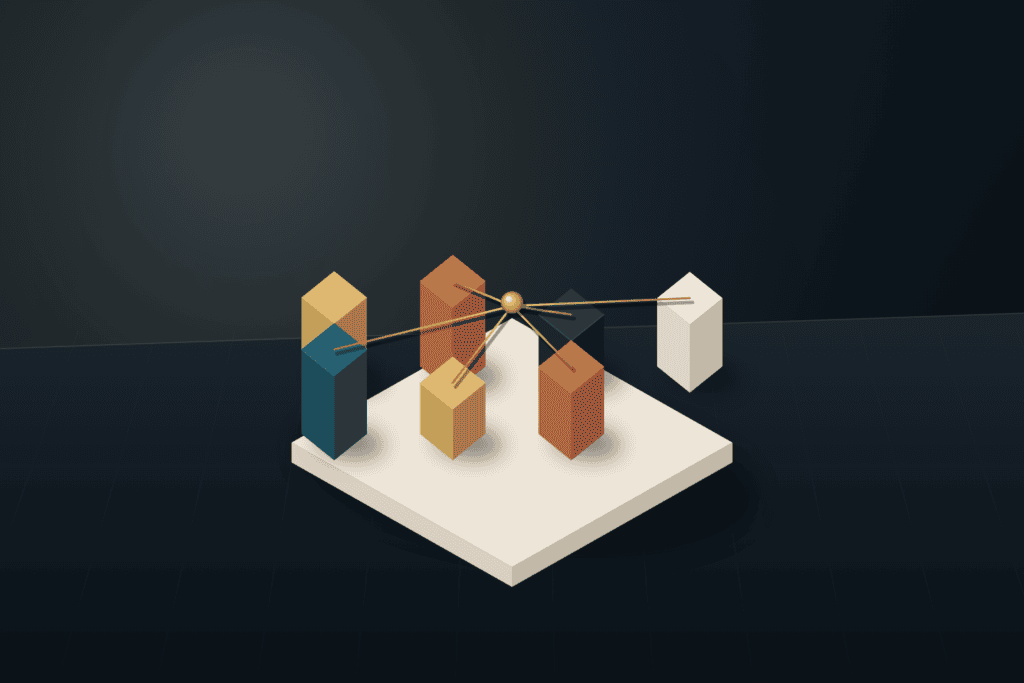 Seven precision architectural blocks arranged on a warm ivory presentation board with brass connecting lines