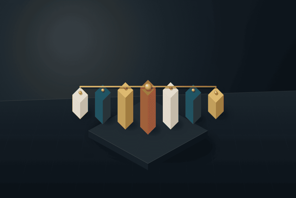 Precision dark slate platform with a central brushed brass refinery pillar flanked by seven warm ivory, deep teal, and terracotta data blocks