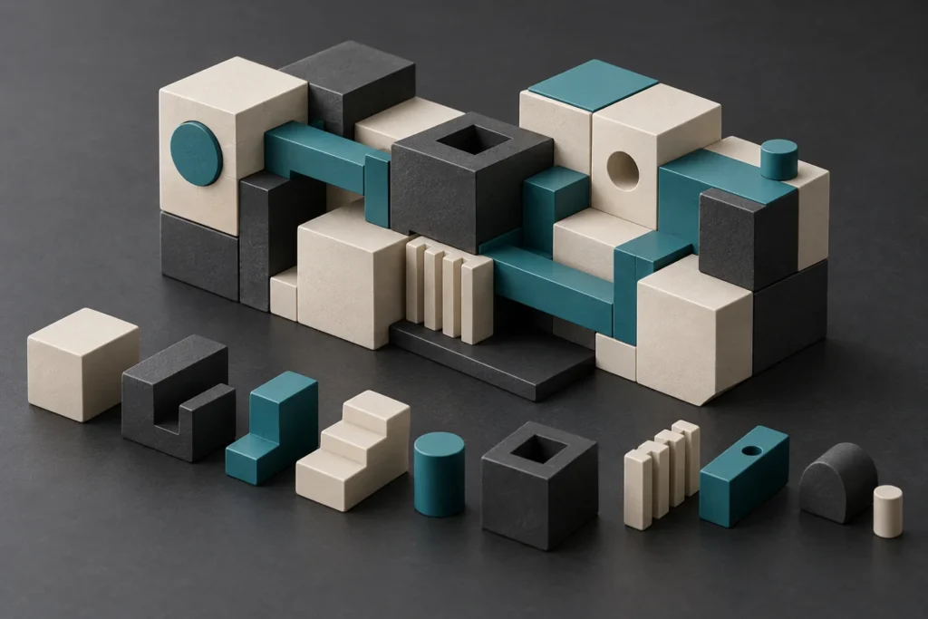 Interlocking software modules with matching components organised before assembly