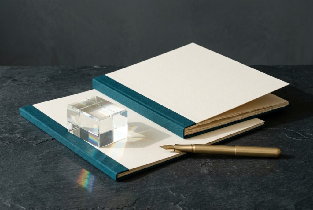 Studio still life on dark slate showing a transparent glass prism casting light over two interlocking warm ivory stone slabs and a brass fountain pen