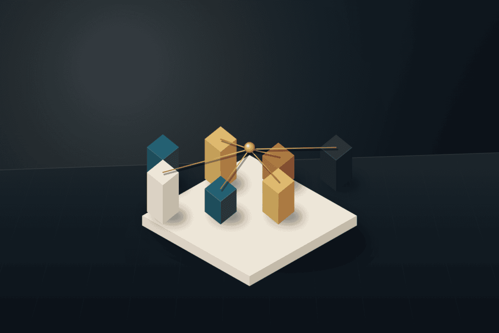 Seven precision architectural blocks arranged on a dark slate studio platform around a brushed brass balance bar