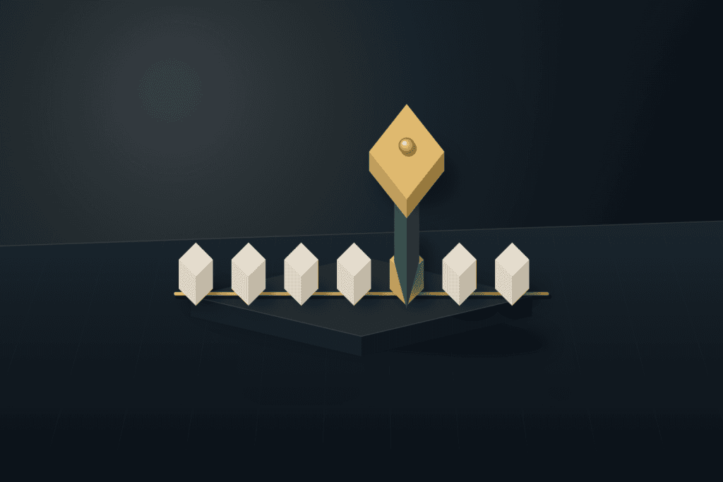 Isometric dark slate conveyor track carrying seven warm ivory and brushed brass parcels smoothly through a deep teal and brass gateway