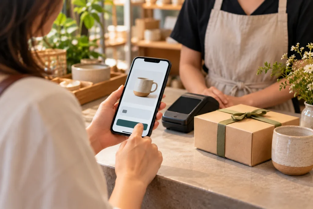Shopper reviewing an online checkout beside a gift box