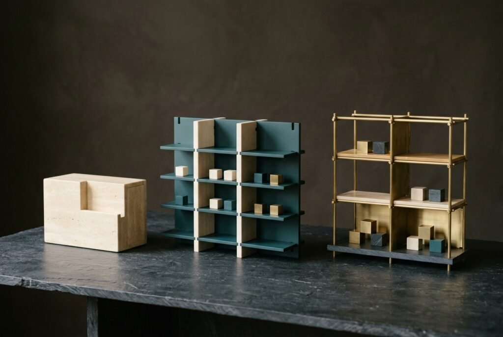 Three architectural retail display models on dark slate: a compact ivory block, a modular teal-and-ivory shelf system, and a bespoke brass-and-stone structure