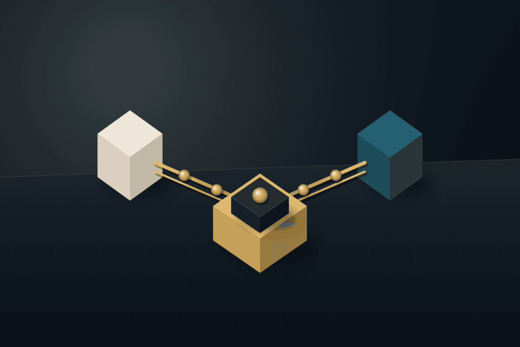 Isometric dual-track architectural model where a warm ivory pavilion and a deep teal pavilion feed golden spheres down brass rails into a central sorting hub