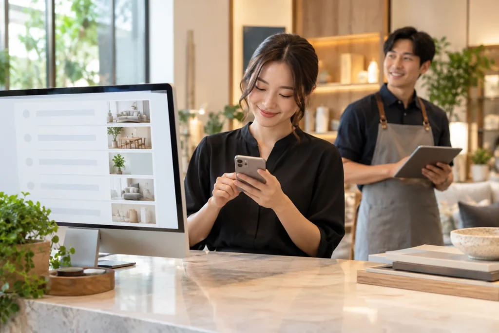 Receptionist handling a phone enquiry beside a desktop system