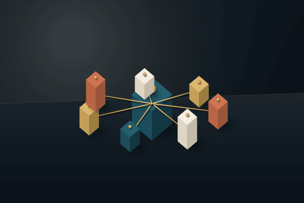 Seven modular architectural blocks arranged in a circular hub-and-spoke layout around a deep teal core with brass spheres