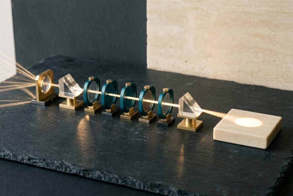 Nine precision optical glass prisms and teal filter lenses focusing scattered light into a single beam on a stone block