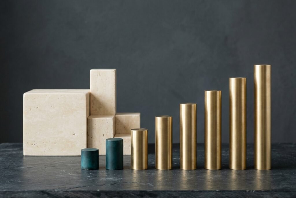 Eight smooth ascending brass and deep teal cylindrical counterweights beside warm ivory stone blocks on a dark slate workbench