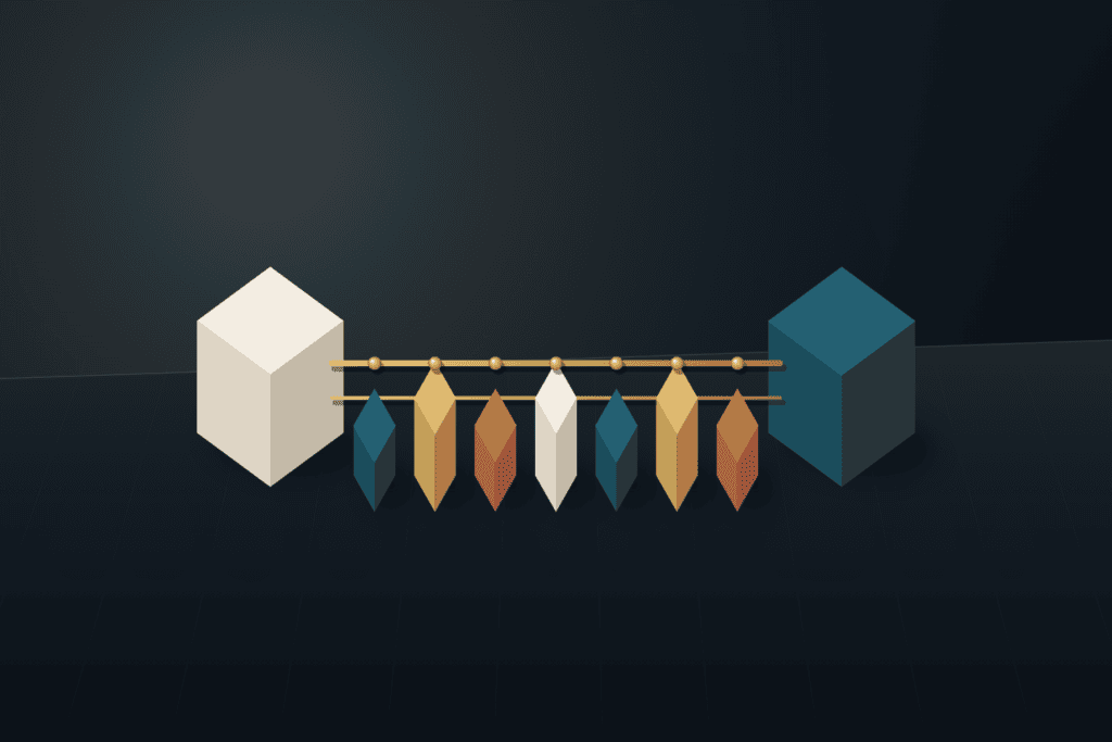 Dual-pier architectural bridge with a warm ivory pier on the left and a deep teal pier on the right linked across seven aligned modules