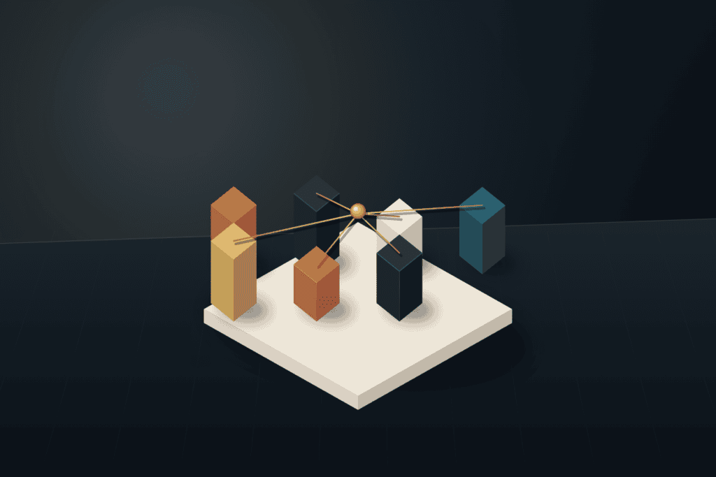 Isometric warm ivory tray holding seven stepped architectural beacons in deep teal, brushed brass, and terracotta