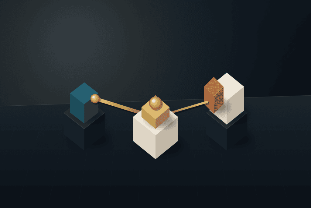 Isometric studio model showing a directional deep teal optical tube on the left and a wide-angle warm ivory and terracotta prism on the right converging on a central brass sphere