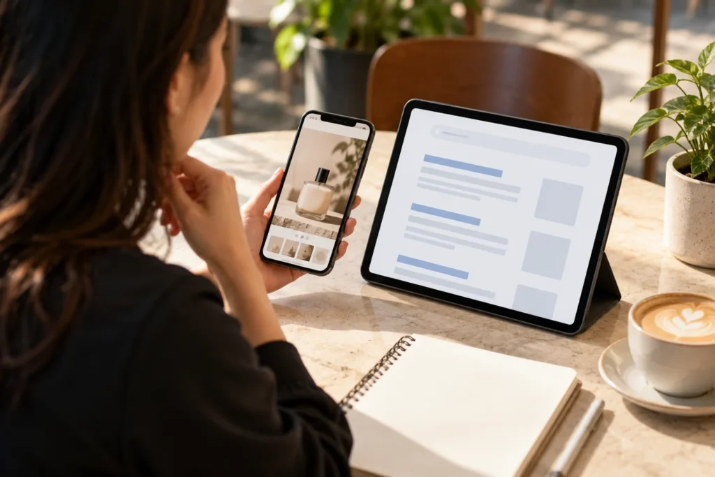 Planner comparing product imagery and search layouts on mobile devices
