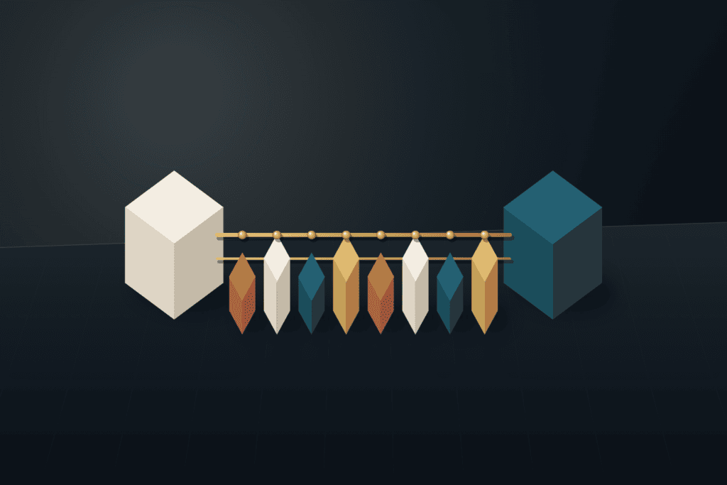 Eight architectural blocks arranged in a balanced two-tier grid on a warm ivory tray with brass rods