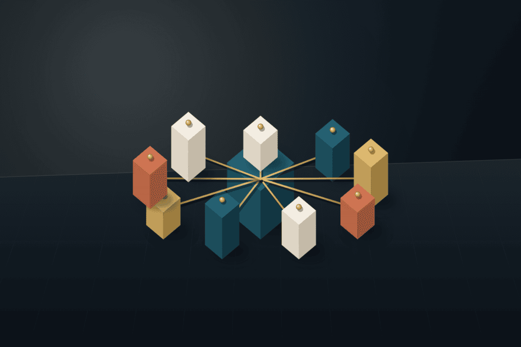 Central deep teal architectural hub linked by brass rods to nine surrounding warm ivory, terracotta, and brass shift-roster modules
