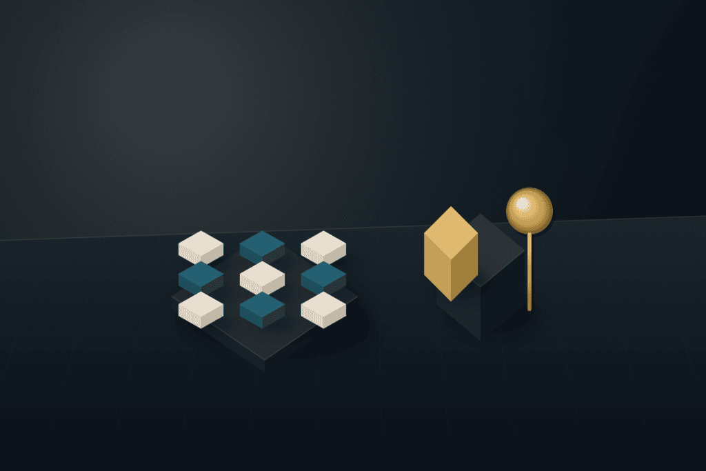 Isometric studio production board with nine warm ivory and deep teal storyboard tiles on the left and a matte camera block with a brushed brass reflector orb on the right