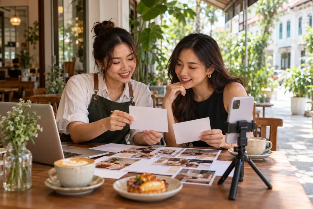 Creator and cafe owner reviewing a storyboard before filming