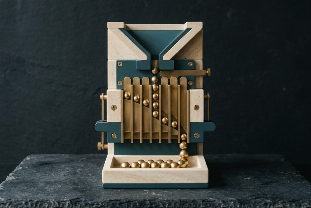 Architectural stone and teal desktop funnel with nine aligned brass gates guiding spheres into a collection tray