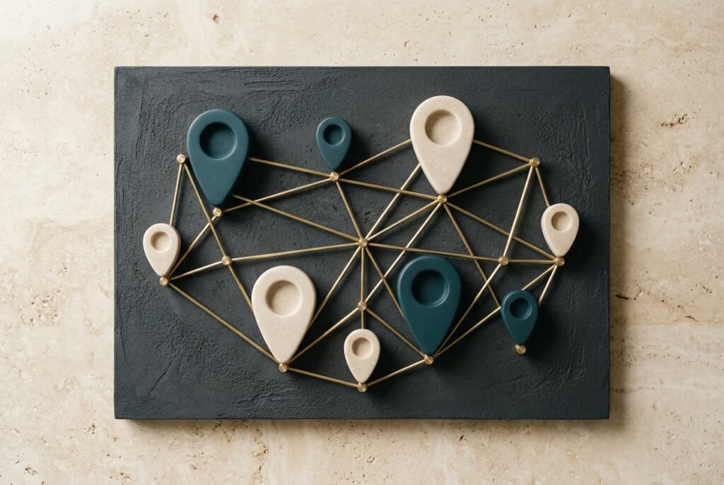 Eight sculpted teal and ivory location pins connected by brass rods on a dark slate architectural board