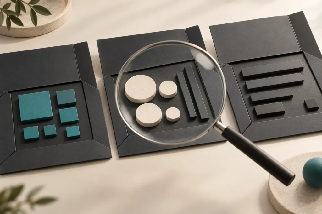 Three open folders with different components under a magnifying lens