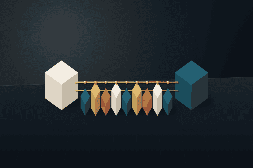 Nine stepped architectural blocks in warm ivory, deep teal, terracotta, and brushed brass on an isometric studio platform
