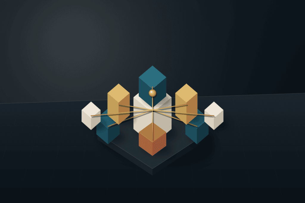 Isometric architectural core block in warm ivory surrounded by eight modular expansion blocks in deep teal, brushed brass, and terracotta connected by brass conduits