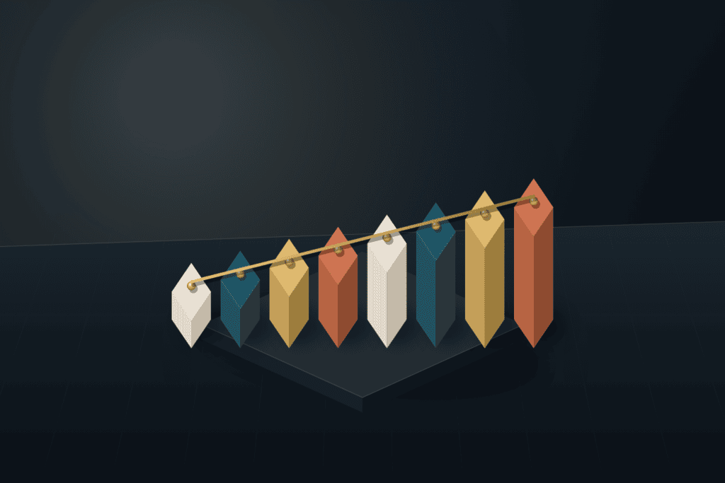 Eight ascending architectural bar blocks in warm ivory, deep teal, brushed brass, and terracotta on a dark slate platform