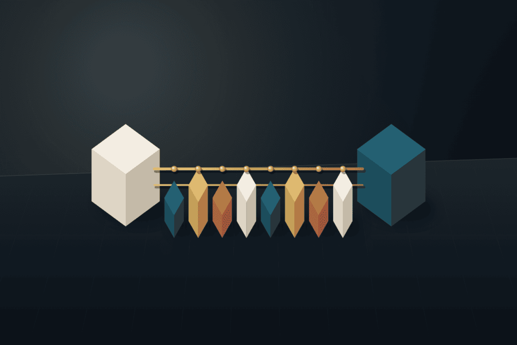 Dual-pier architectural bastion in warm ivory and deep teal linked by twin brass rods over eight protective structural modules