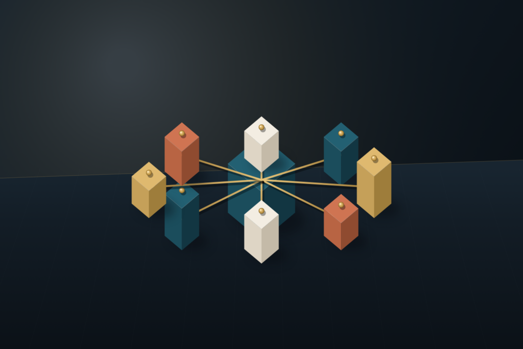 Eight modular architectural blocks in warm ivory, deep teal, brushed brass, and terracotta arranged on a studio platform