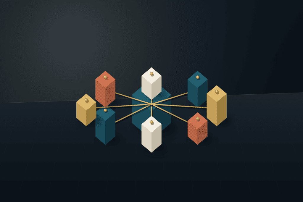 Eight architectural gallery plinths in warm ivory, deep teal, brushed brass, and terracotta arranged symmetrically on a dark slate platform