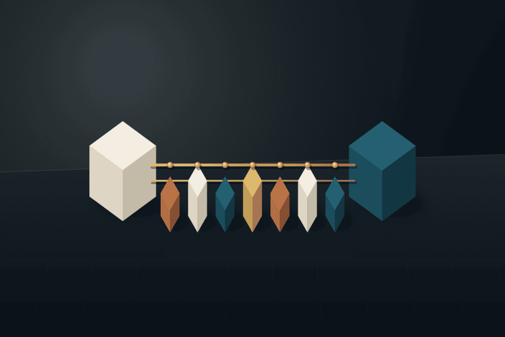 Dual-pier architectural sorter in warm ivory and deep teal with brass guide rails above seven tiered package modules