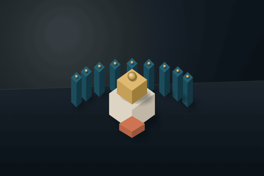 Isometric architectural concierge pavilion with nine deep teal guardrail pillars surrounding a warm ivory and brushed brass knowledge vault and a terracotta handoff bridge