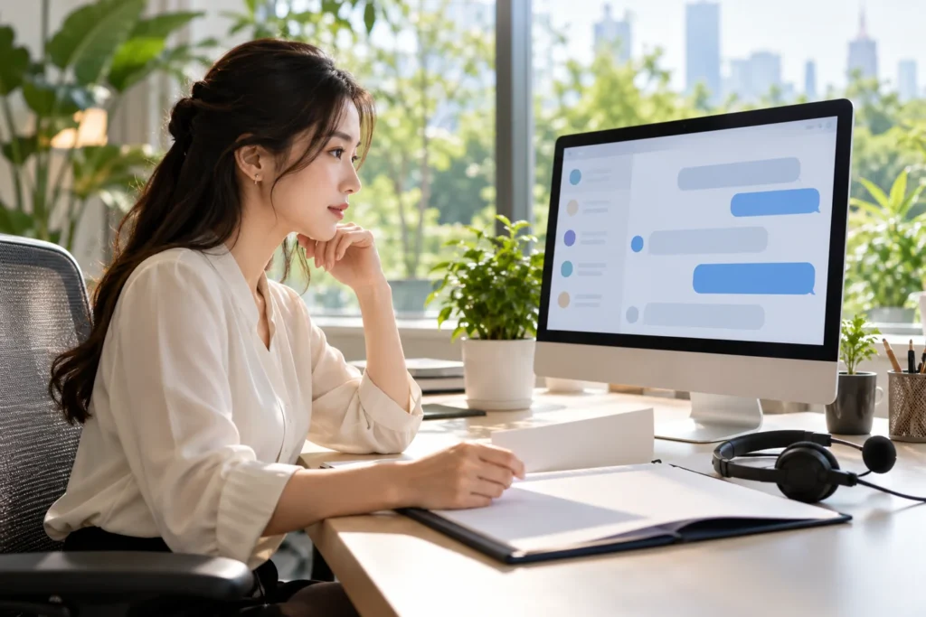 Customer service professional reviewing a chat interface