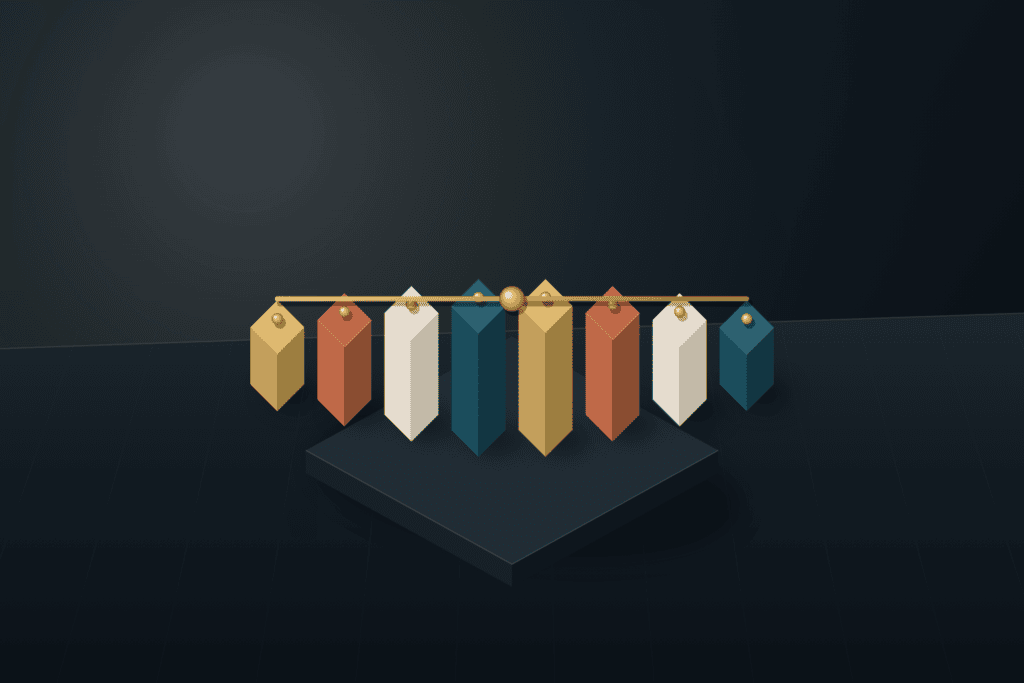 Symmetrical colonnade of eight architectural blocks in warm ivory, deep teal, brushed brass, and terracotta under a central brass balance bar