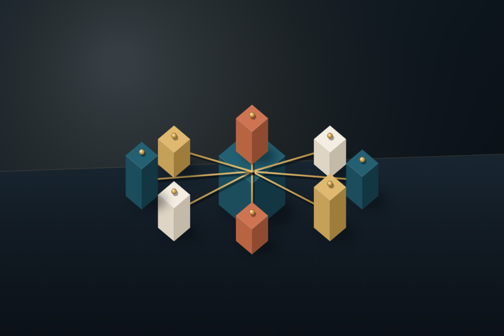 Eight architectural blocks arranged in a circular hub-and-spoke network around a deep teal core on a dark workbench