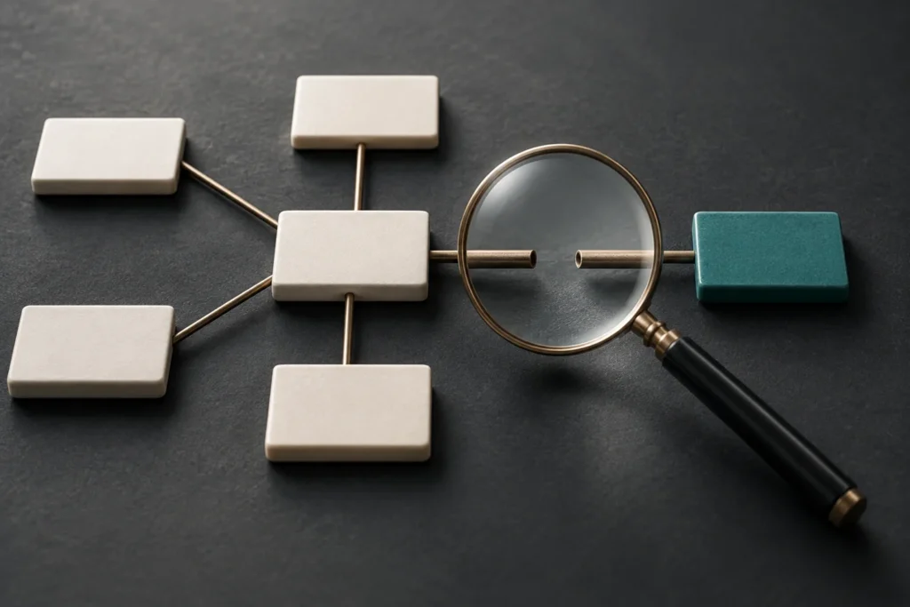 A magnifying lens reveals a gap in a network of connected page tiles